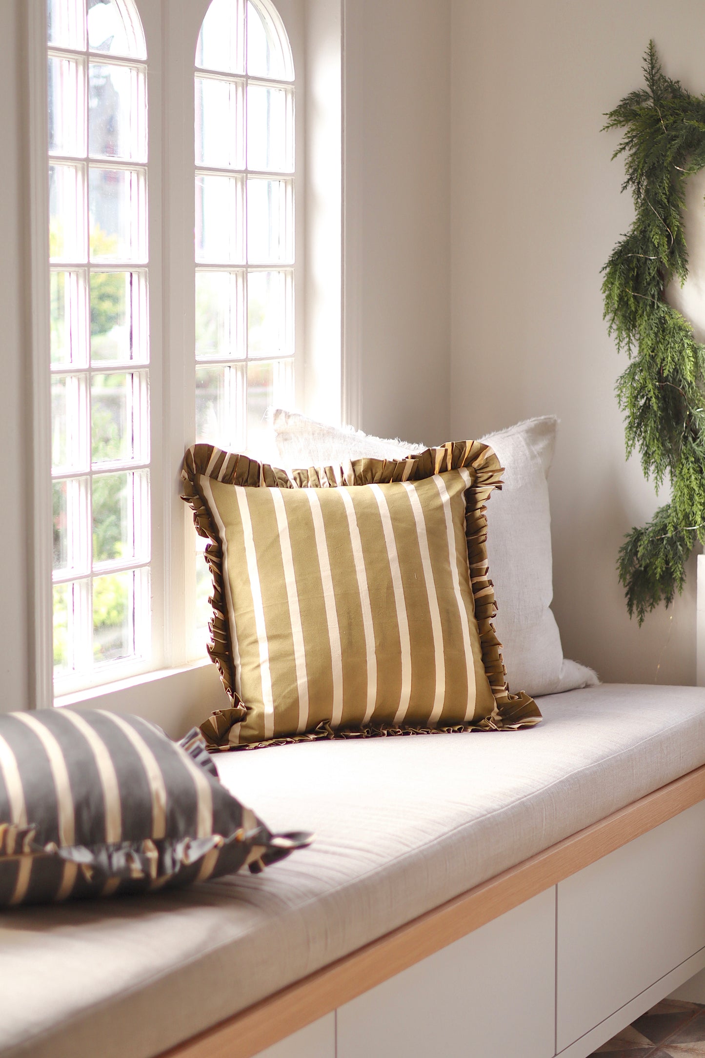 Block Print Stripe Ruffle Pillow, Olive