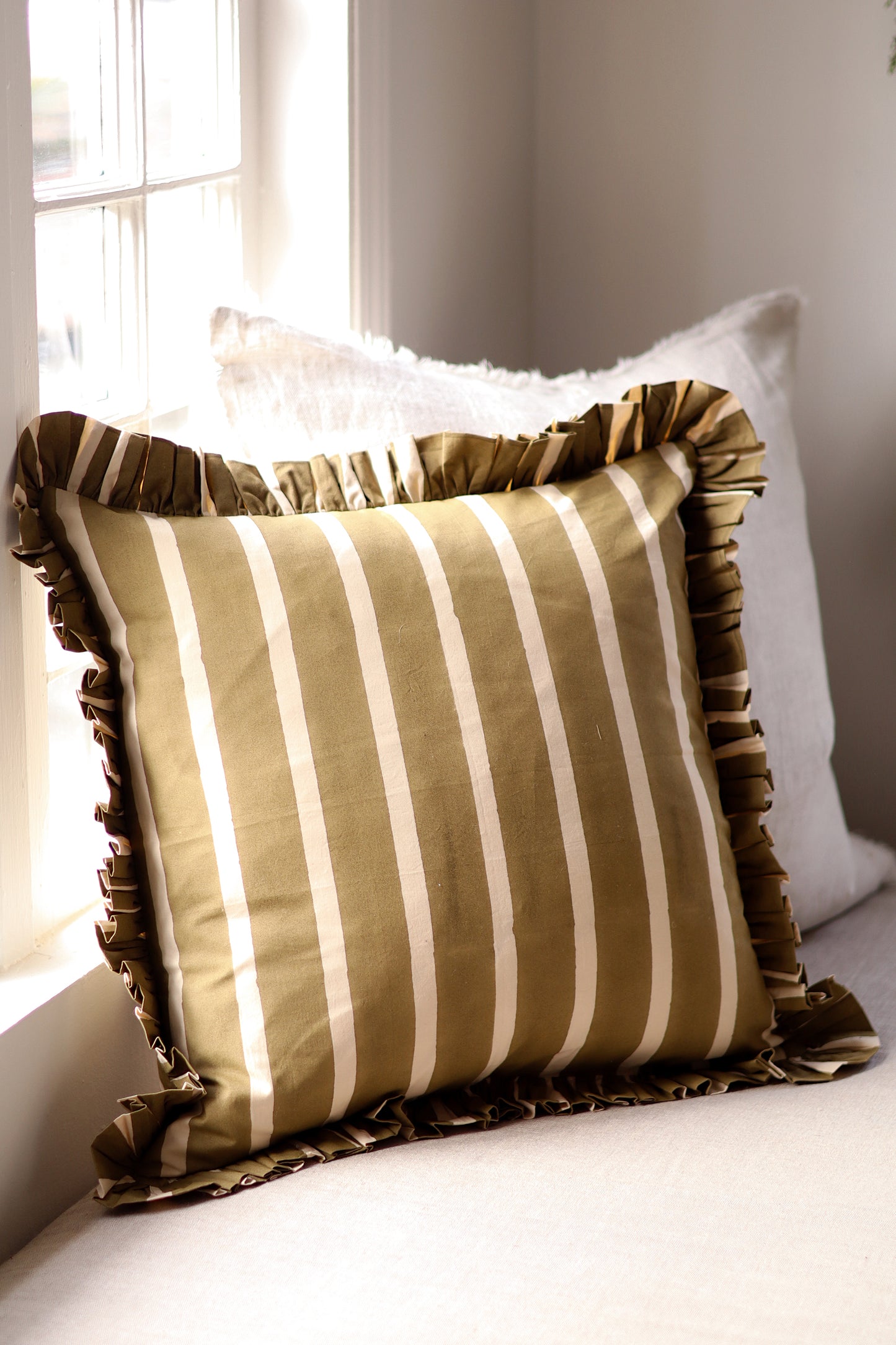 Block Print Stripe Ruffle Pillow, Olive