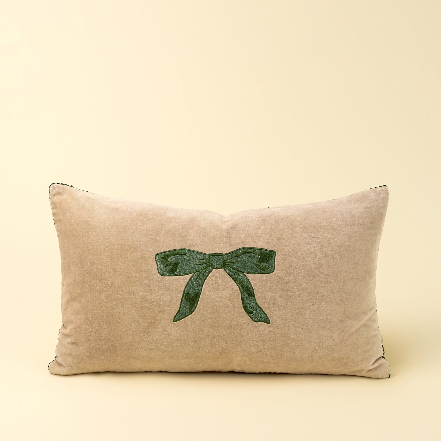 Velvet Bow Lumbar Pillow Cover, Green