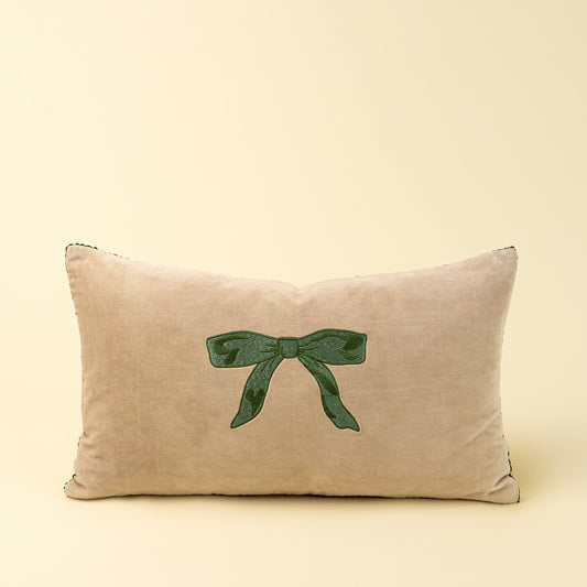 Velvet Bow Lumbar Pillow Cover, Green