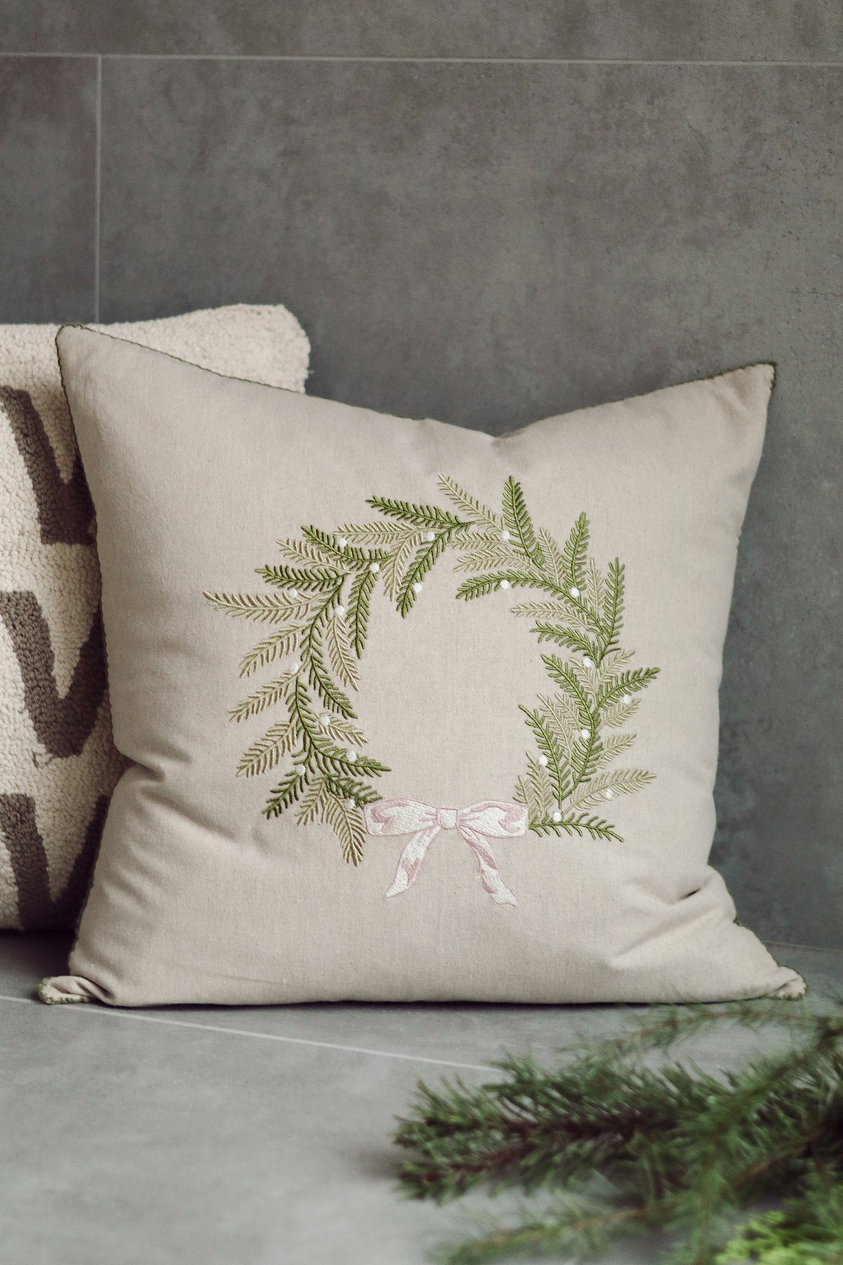 Embroidered Wreath Pillow