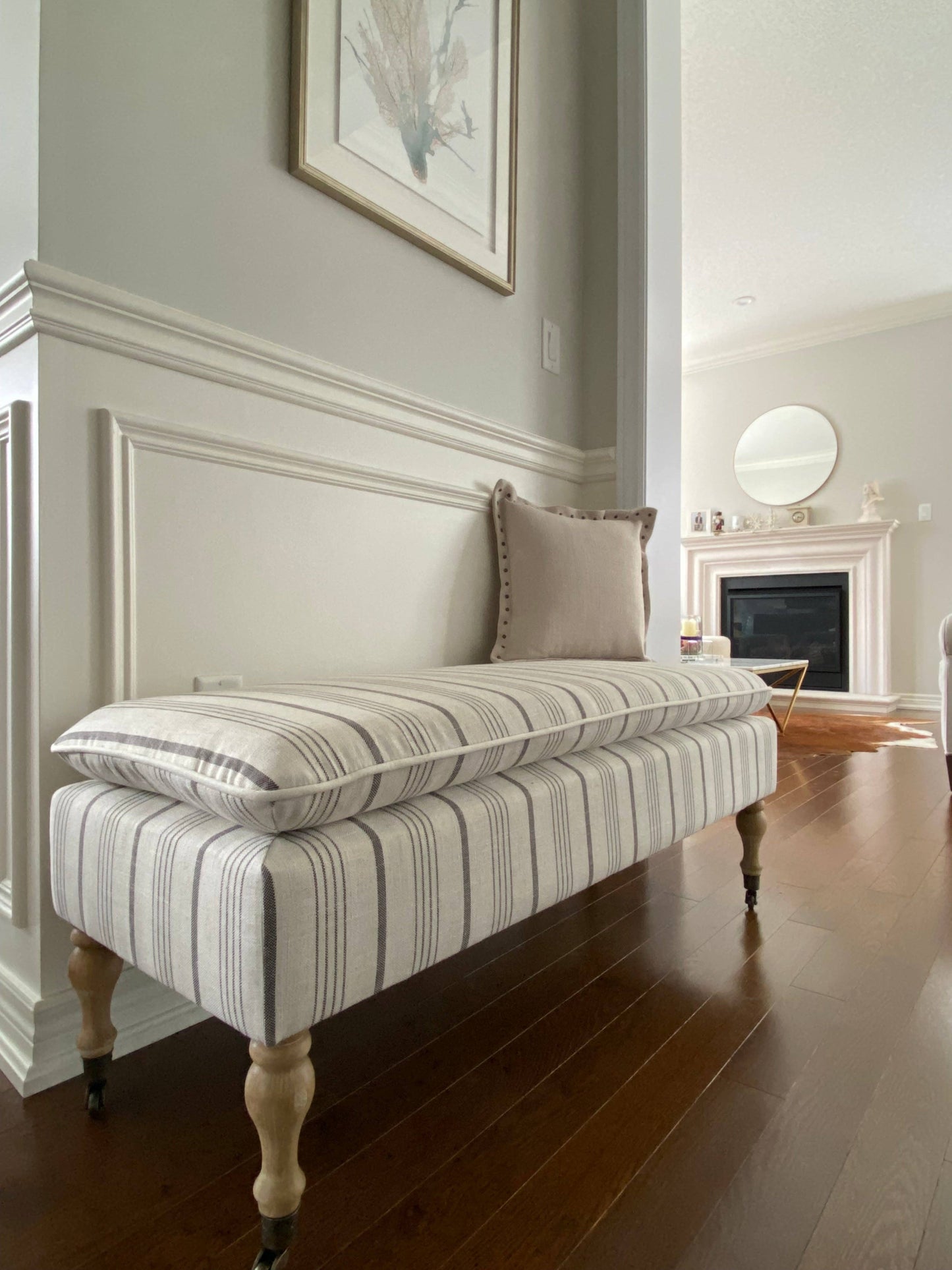 Neutral Linen Ticking Upholstered Pillowtop 48" Rovigo Bench
