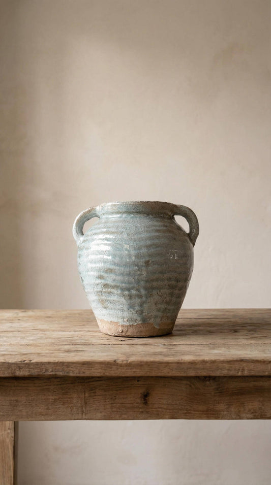 Ceramic Vase, Vintage Style, Blue with Handles - Adriana
