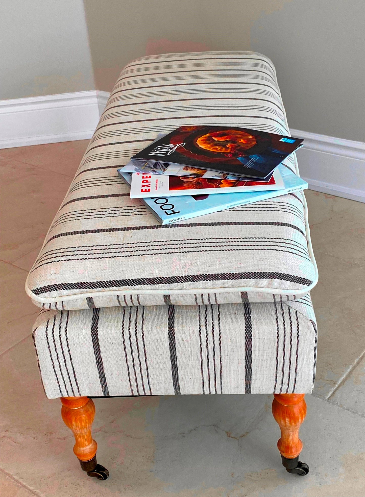 Neutral Linen Ticking Upholstered Pillowtop 48" Rovigo Bench