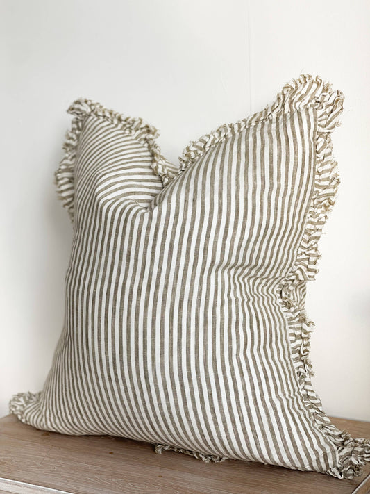 Hallie Ruffled Linen Cushion Cover – Olive Stripe🇬🇧