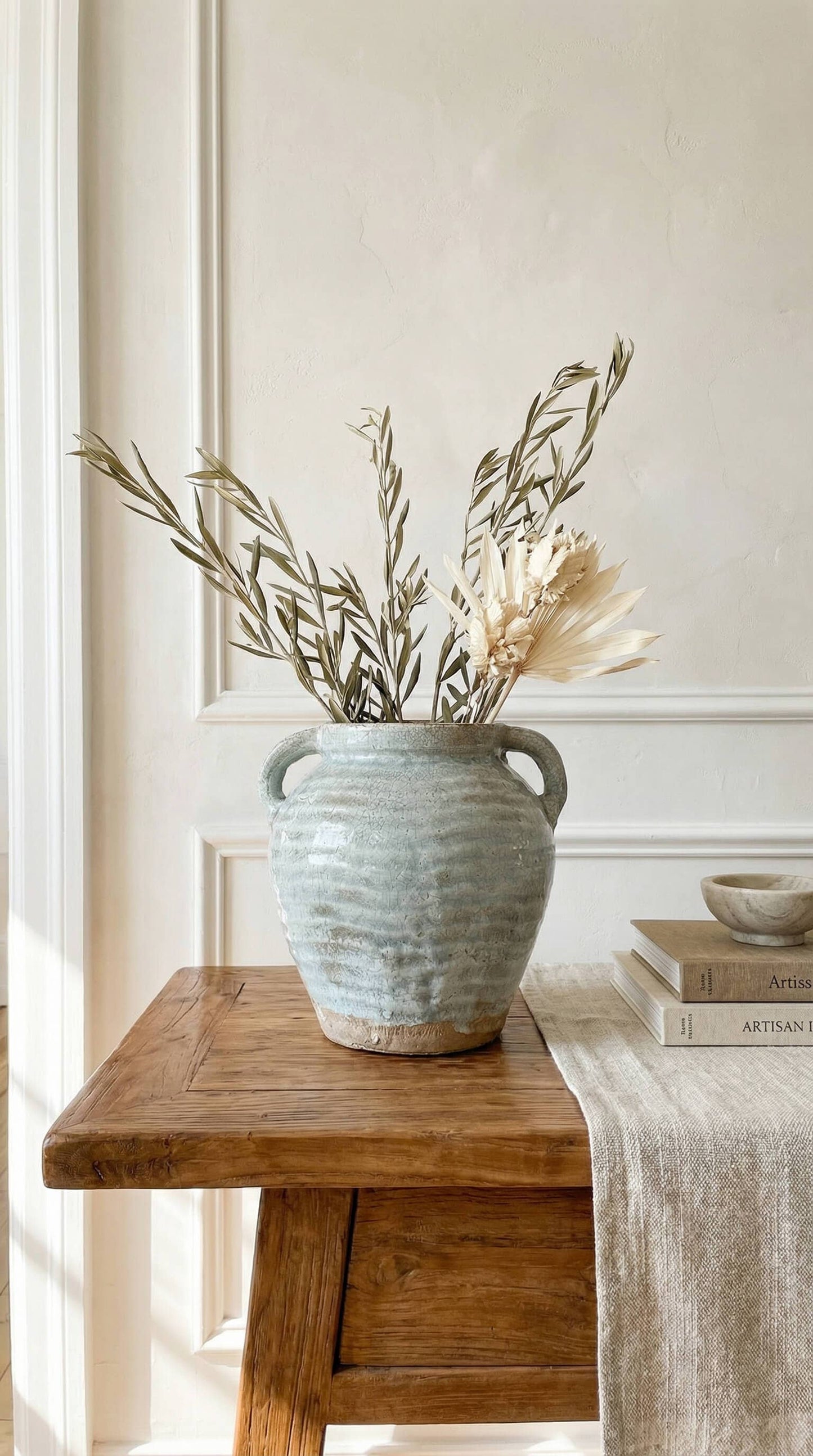 Ceramic Vase, Vintage Style, Blue with Handles - Adriana