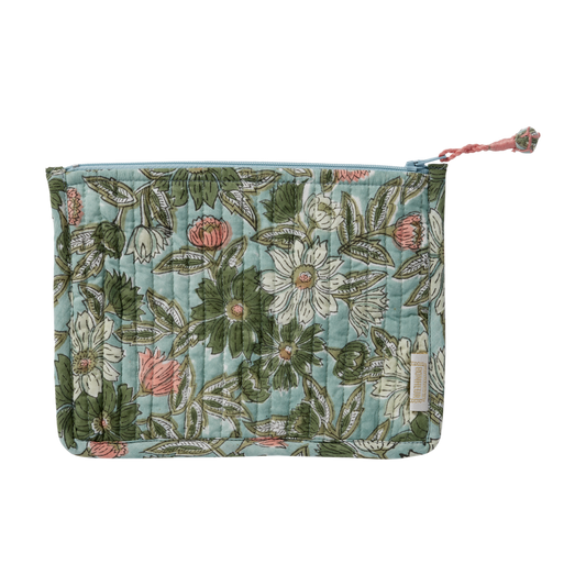 Quilted Indian Flowers Printed Small Pouch Meera Blue Green🇫🇷