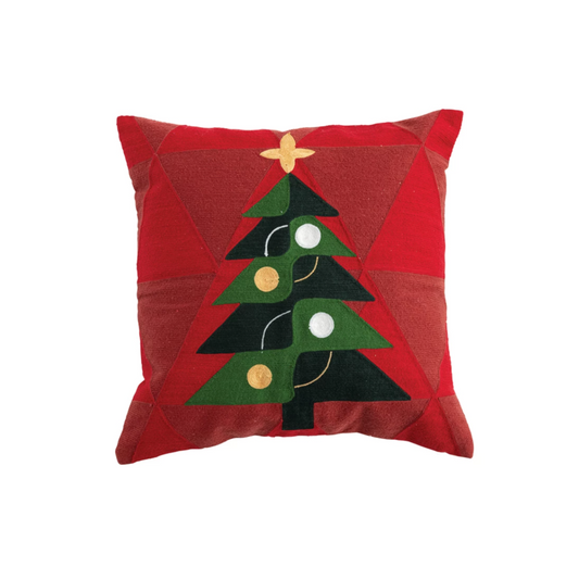 18" Square Cotton Pillow with Embroidered Christmas Tree