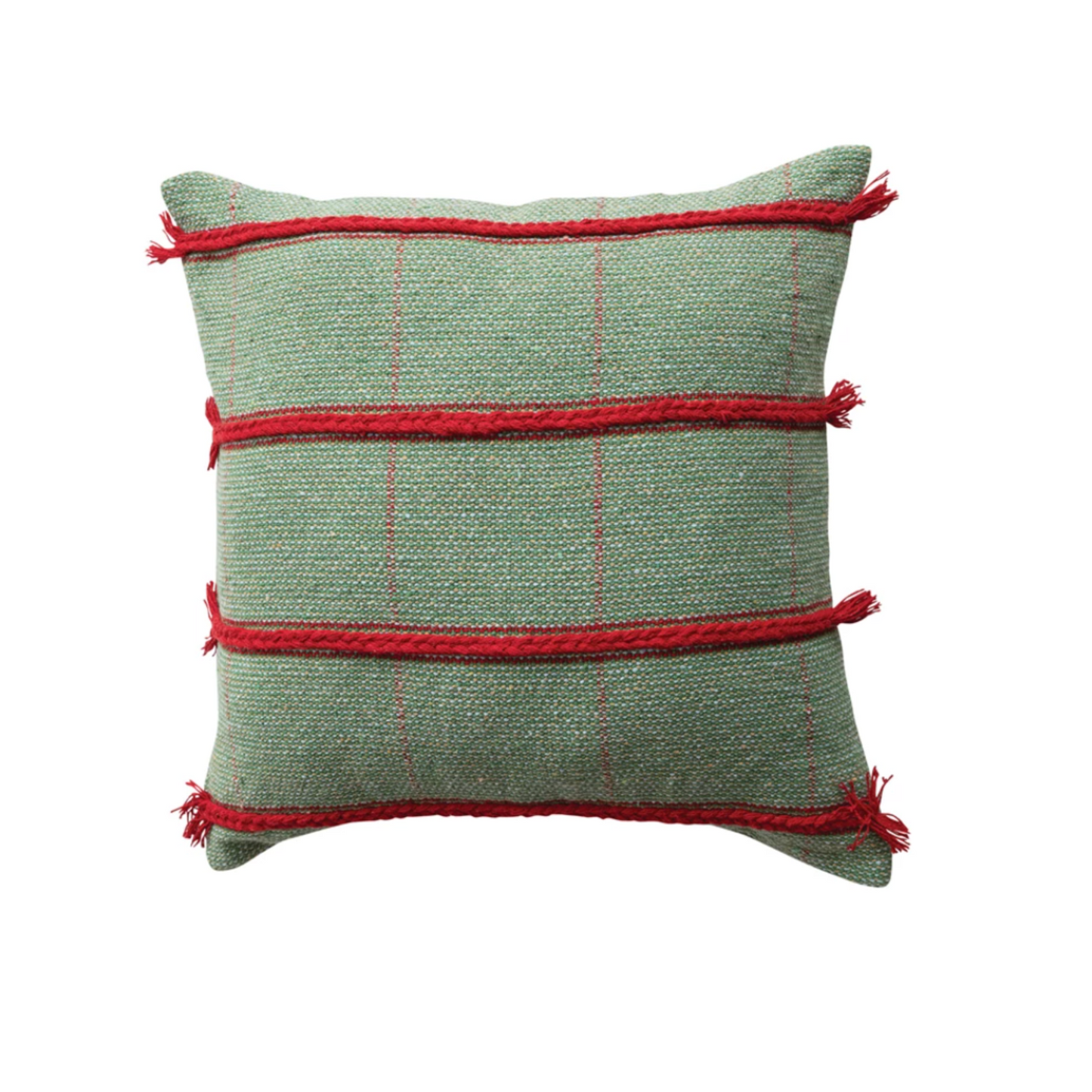 20" Square Pillow with Braided Embroidery, Grid Pattern & Fringe