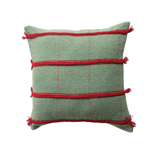 20" Square Pillow with Braided Embroidery, Grid Pattern & Fringe