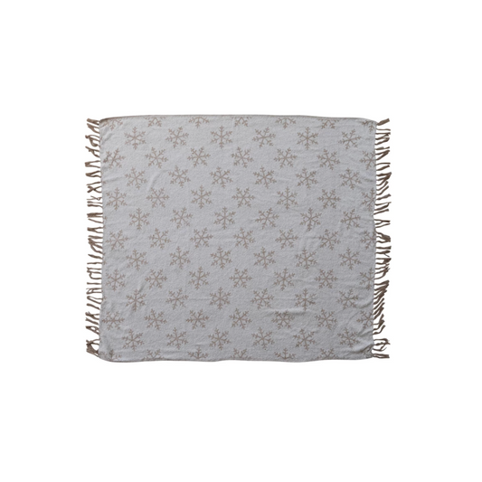 Woven Recycled Fabric Jacquard Throw with Snowflake Pattern & Fringe
