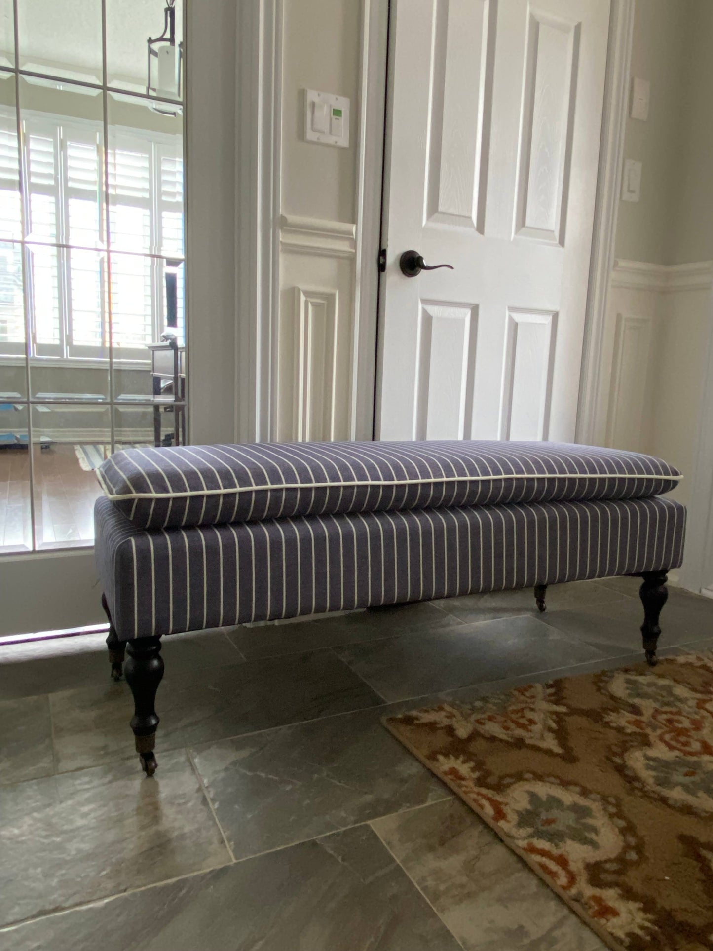 Linen Ticking Upholstered Pillowtop 48" Rossini Bench-Indigo