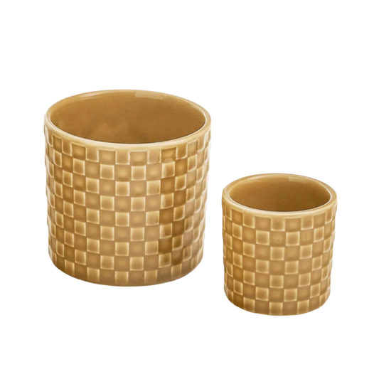 Planter Small Ceramic Embossed Checkered Oat Dijon