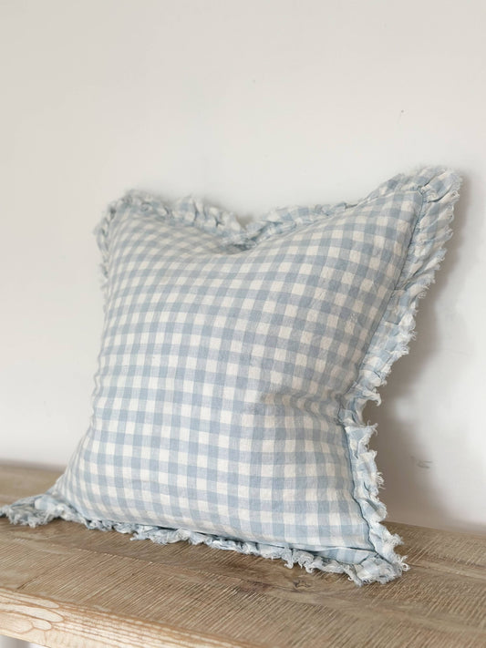 Hallie Ruffled Linen Cushion Cover 45x45 – Blue Gingham🇬🇧