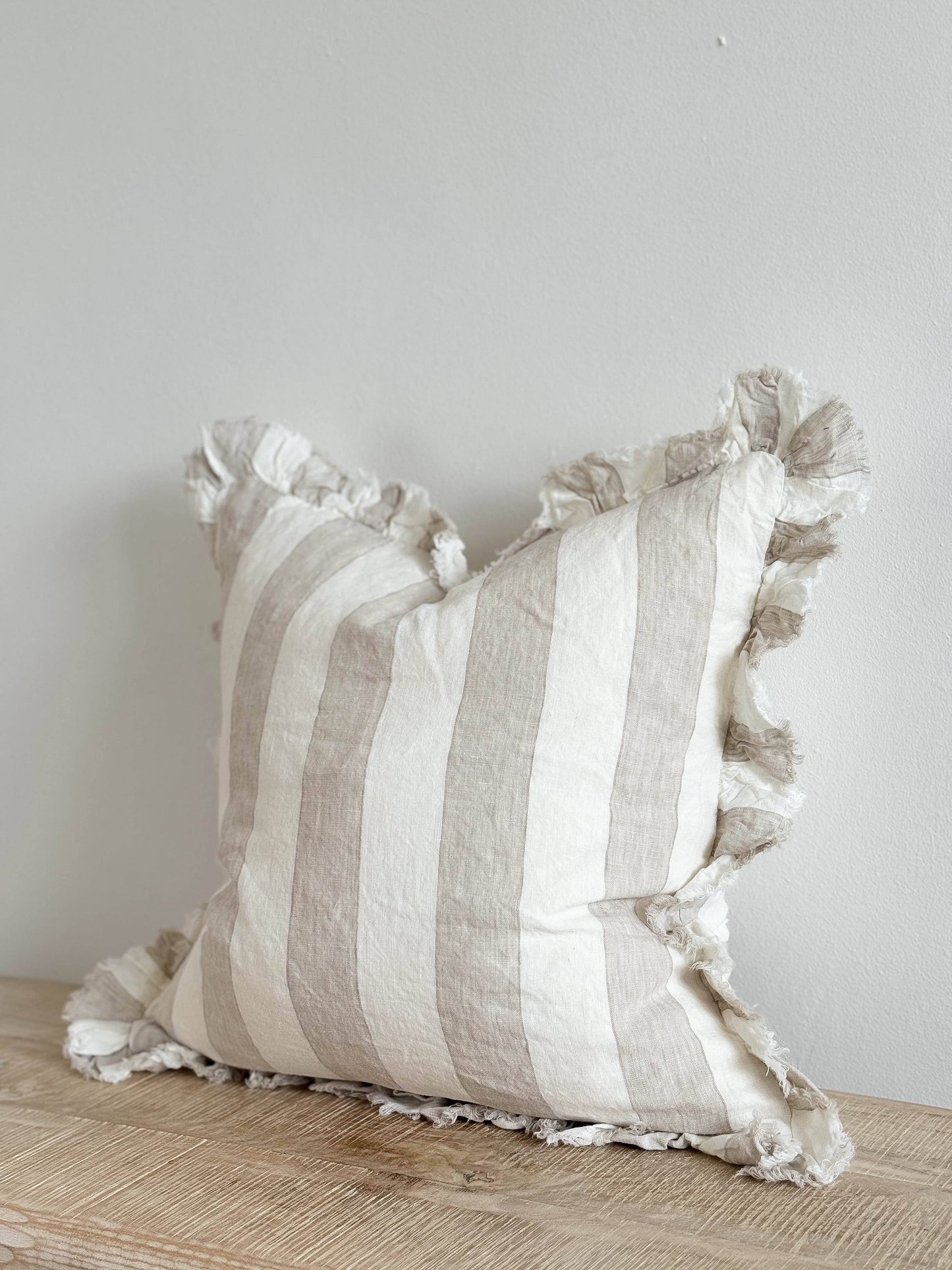 Hallie Ruffled Linen Cushion Cover – Beige & Cream Wide Stripe🇬🇧