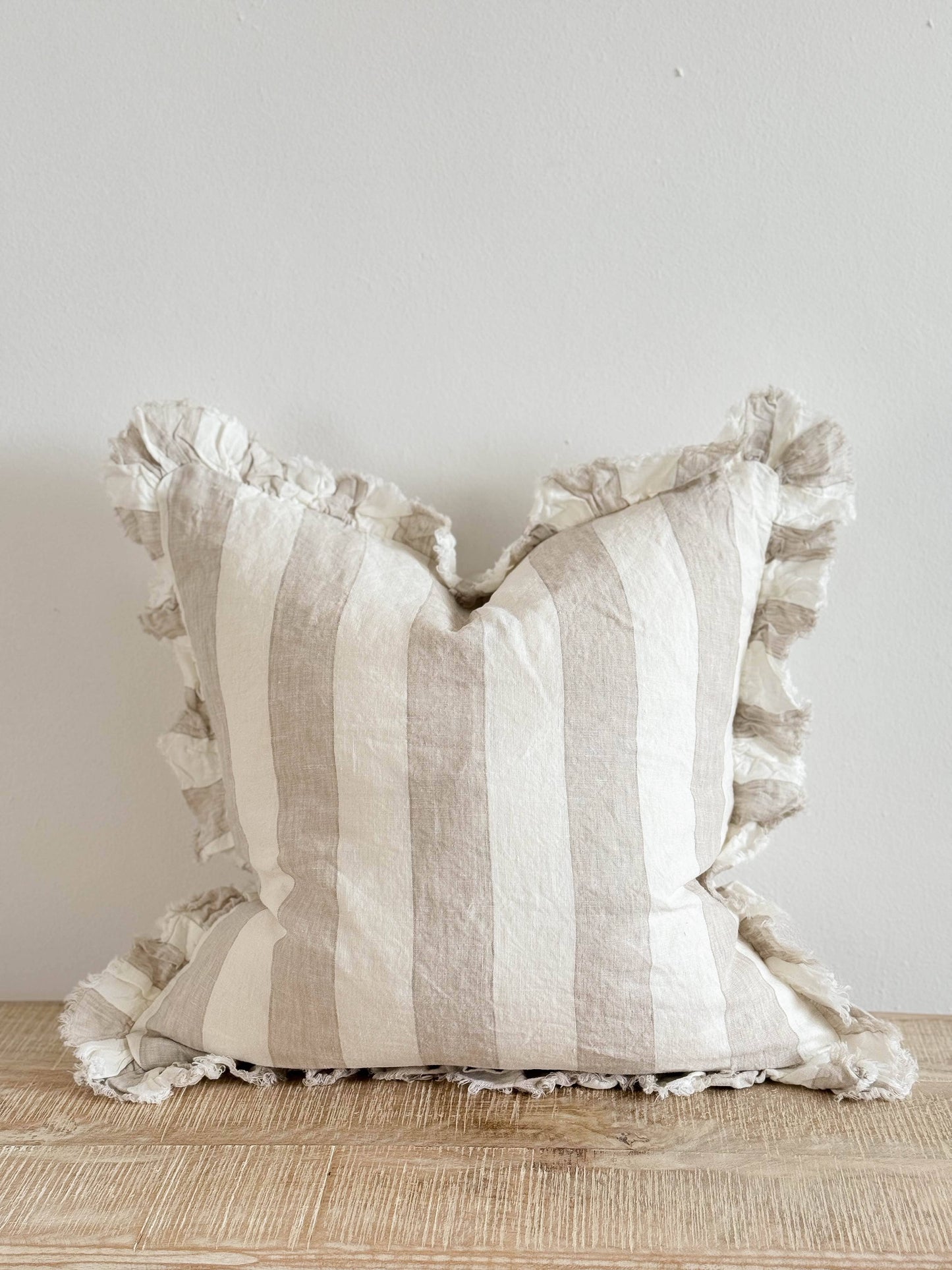 Hallie Ruffled Linen Cushion Cover – Beige & Cream Wide Stripe🇬🇧