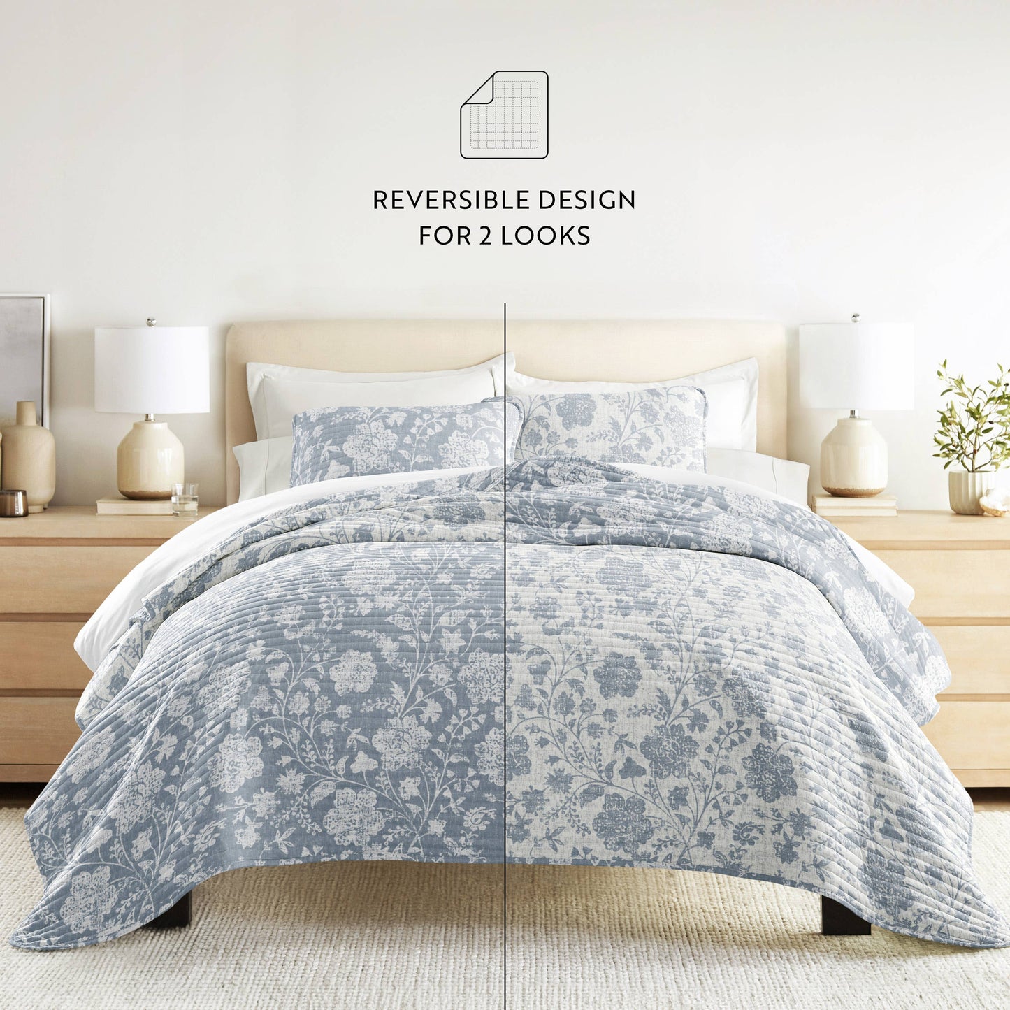 Textured Floral All Season Patterned Reversible Quilt Set