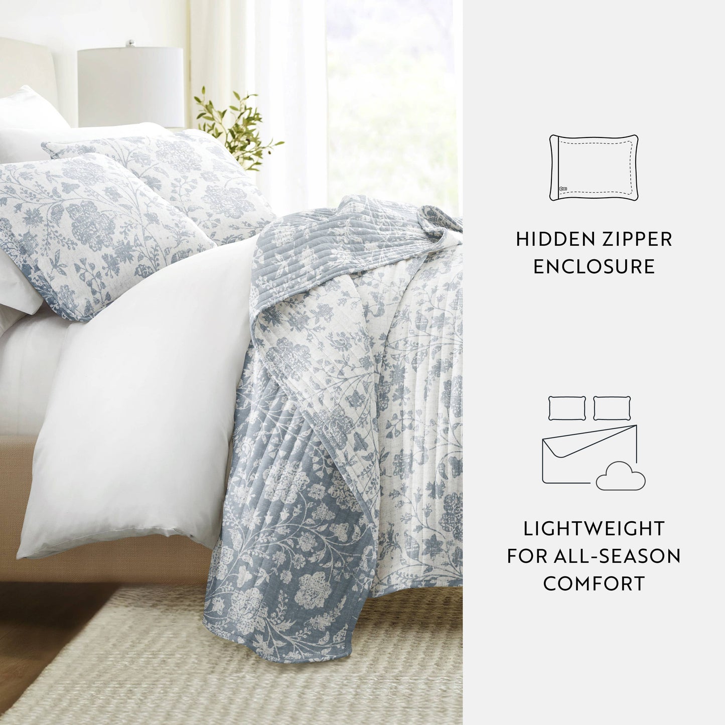 Textured Floral All Season Patterned Reversible Quilt Set