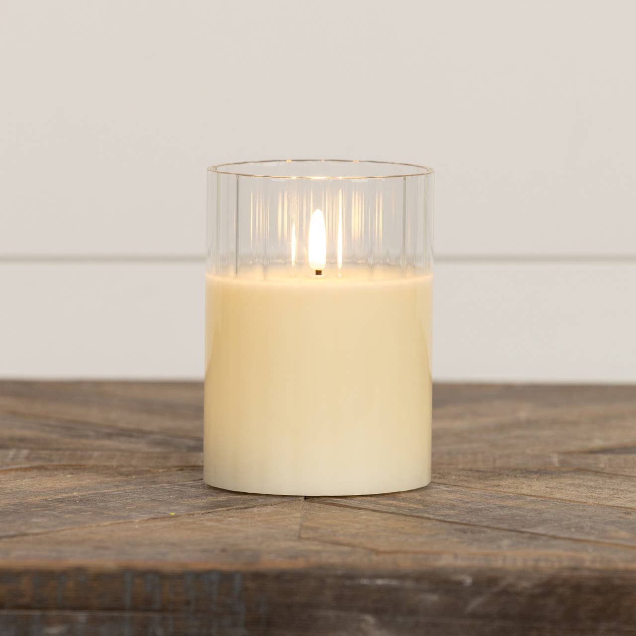 5" CREAM FLUTED GLASS 3D FLAME CANDLE