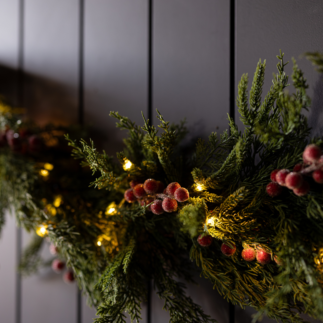 Red Plum Frosted Berry Norfolk Cypress Garland - 6 Ft