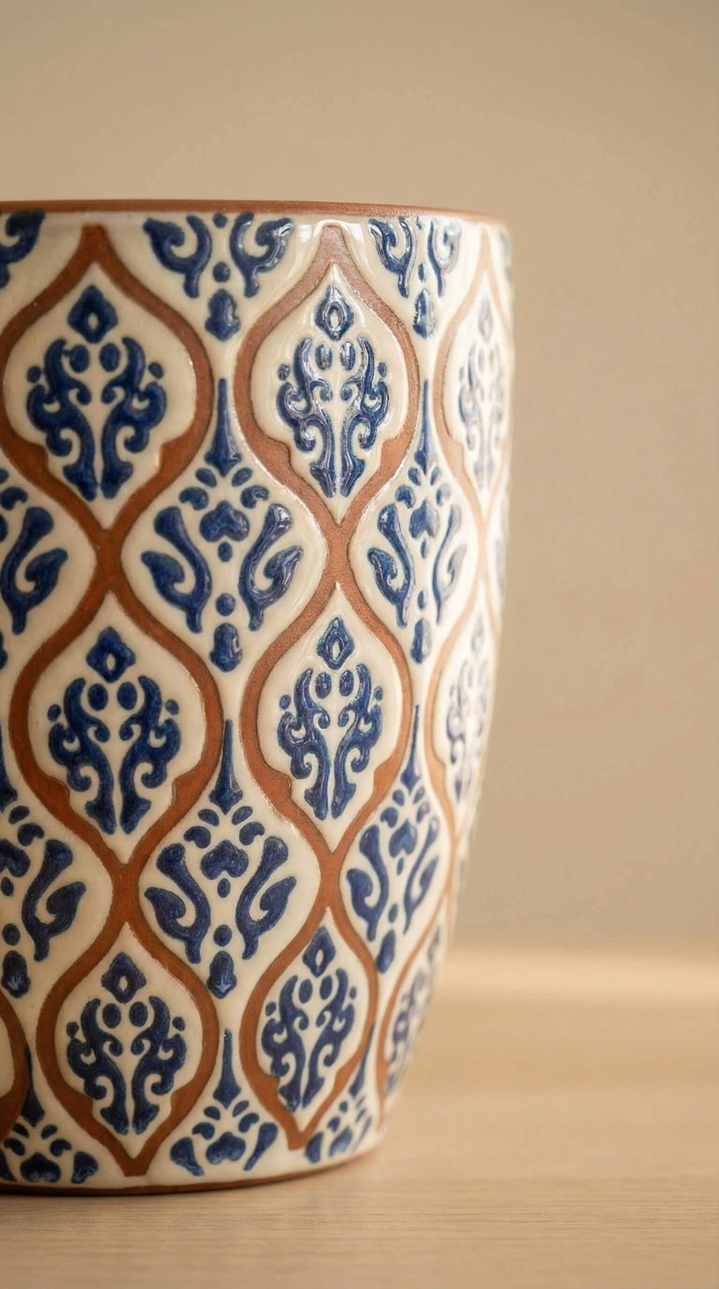 Ceramic Planter Pot, Blue White Pattern - Amara
