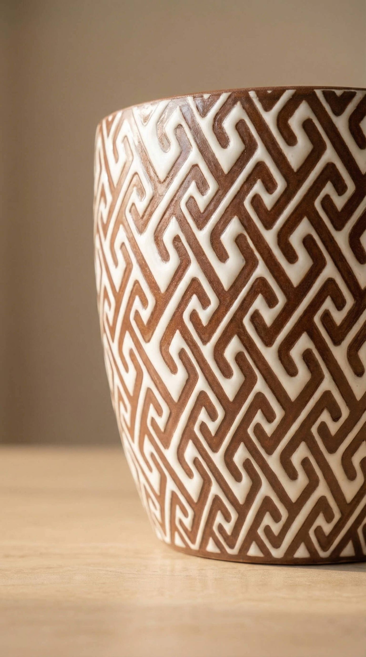 Ceramic Planter Pot, Brown White Pattern - Lana