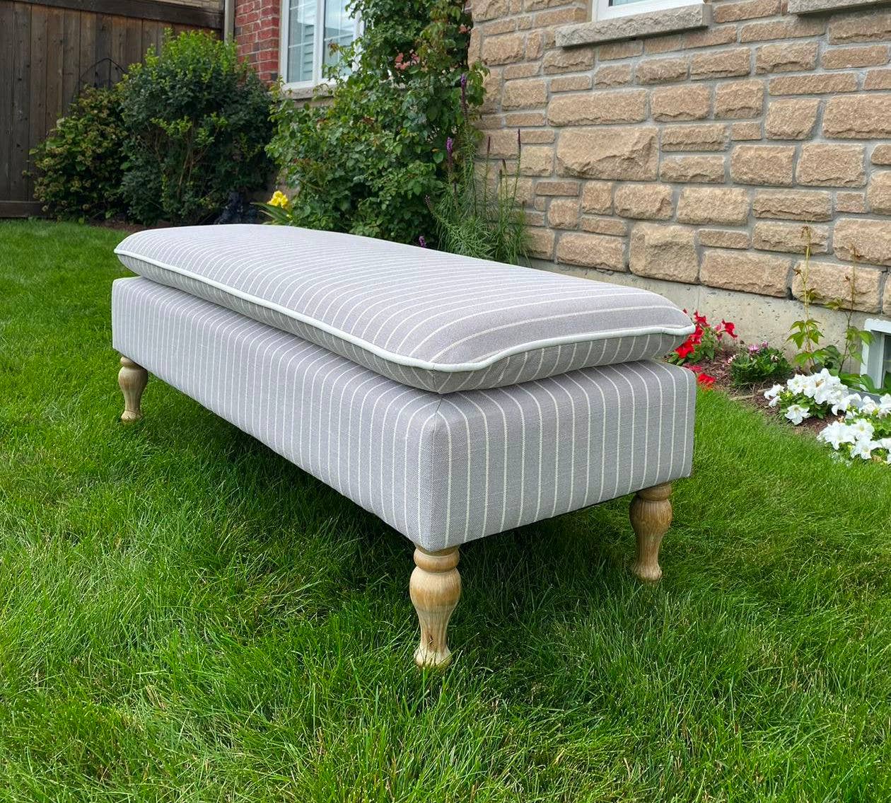 Linen Ticking Upholstered Pillowtop 48" Rossini Bench-Gray