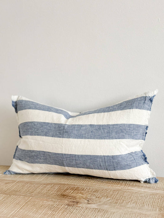 Esmee Fringed Linen Cushion Cover 50x30 – Wide Blue Stripe🇬🇧