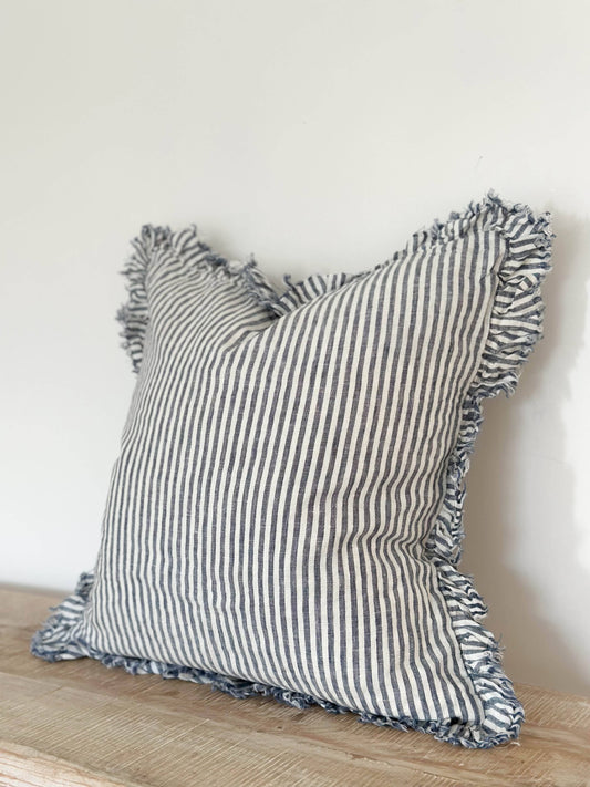 Hallie Ruffled Linen Cushion Cover – Navy Stripe🇬🇧