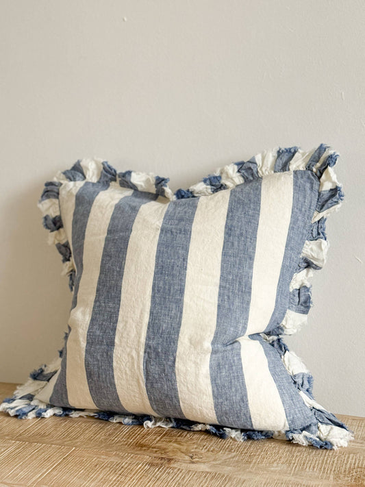 Hallie Ruffled Linen Cushion Cover – Blue Wide Stripe🇬🇧