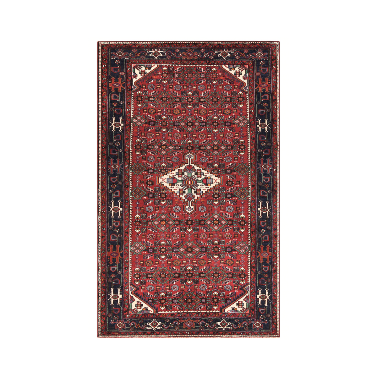Hosseinabad Semi-Antique Medallion Red Wool Hand Knotted Persian Rug - 5'2" x 7'11" N14607