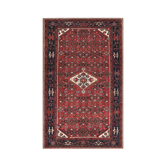 Hosseinabad Semi-Antique Medallion Red Wool Hand Knotted Persian Rug - 5'2" x 7'11" N14607