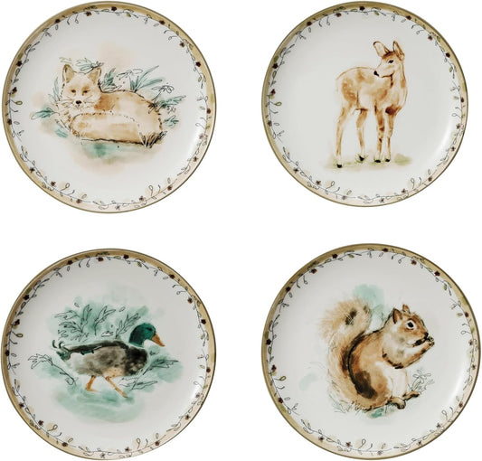 Stoneware Plate Animal with Floral Edge Set/4