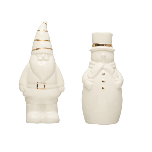 Stoneware Santa & Snowman Salt & Pepper Shakers w/ Gold